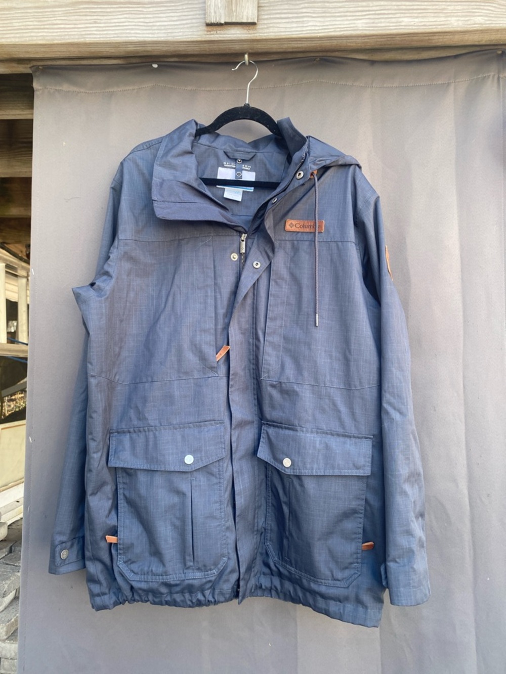 Columbia Blue Hooded Men's Raincoat with Brown Trim